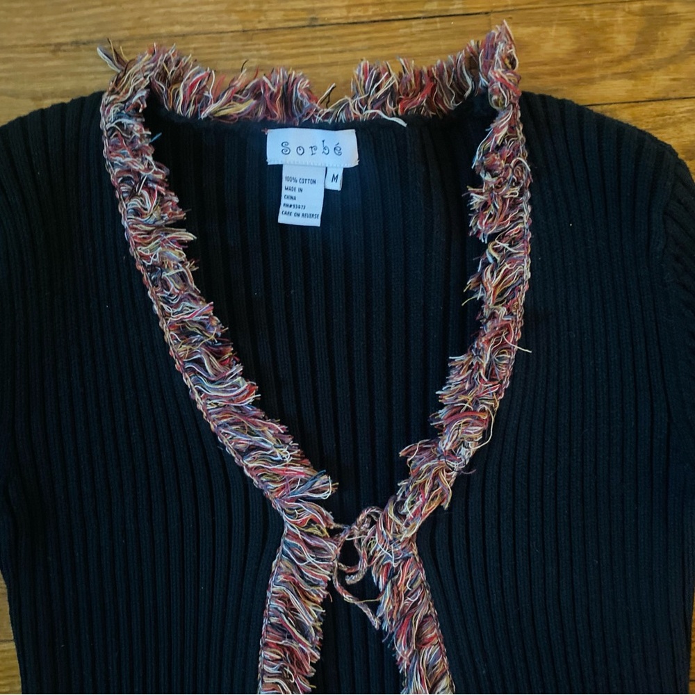 Y2k CROPPED BLACK RIBBED RAINBOW FRINGE TIE FRONT CARDIGAN - Picture 3 of 5